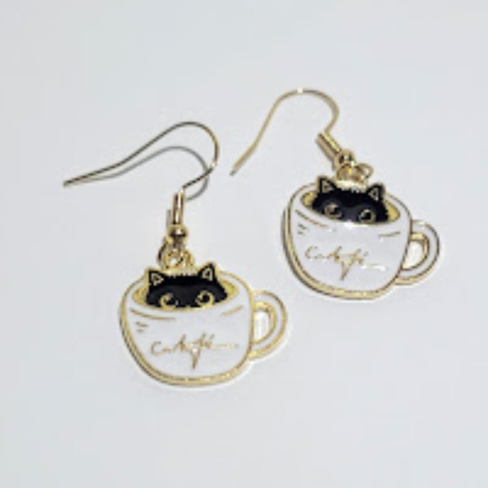 Cute Teacup Kitty in a Coffee Cup Goldtone Earrings, with Wire Hooks
